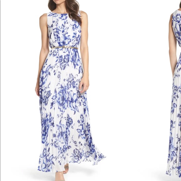 Eliza J Pleated Floral Chiffon Maxi Dress